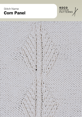 The Corn Panel stitch features pointed motifs arranged vertically for a bold, organic design Close-up of the Corn Panel stitch in cream yarn, showing vertical diamond-shaped motifs with textured center details