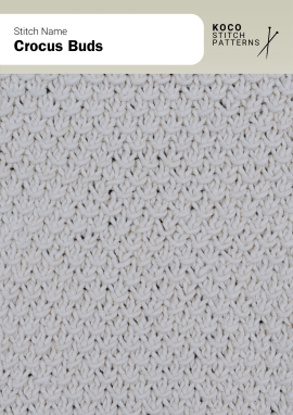 The Crocus Buds stitch forms small petal-like textures that create a soft, floral surface Close-up of the Crocus Buds stitch in cream yarn, showing small, repeating petal-shaped textures across the fabric