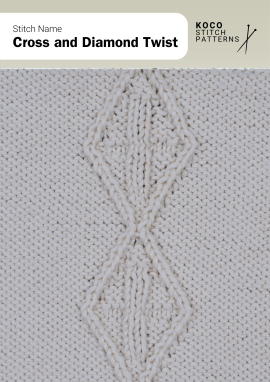 The Cross and Diamond Twist stitch combines interlacing cables with diamond motifs for bold texture Close-up of the Cross and Diamond Twist stitch in cream yarn, showing interlocking diamond-shaped cable motifs with twisted crossings