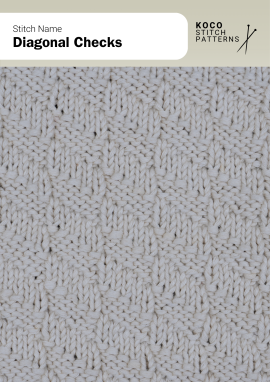 The Diagonal Checks stitch forms slanted square textures that add movement and depth Close-up of the Diagonal Checks stitch in cream yarn, showing slanted square textures forming a diagonal grid pattern