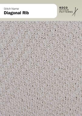 The Diagonal Rib stitch creates sleek, slanting rib lines for a clean, modern texture Close-up of the Diagonal Rib stitch in cream yarn, showing fine, evenly spaced diagonal rib lines across the fabric