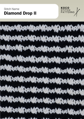 Textured diamond-inspired drops worked in two colours, creating soft horizontal waves Handknit two-colour diamond drop pattern with light textured rows on a dark background
