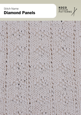 The Diamond Panels stitch features repeating lace diamonds separated by narrow textured columns Close-up of the Diamond Panels stitch in cream yarn, showing vertical lace columns with small diamond-shaped motifs