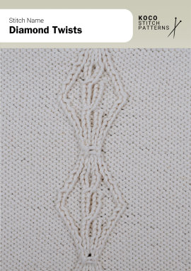 The Diamond Twists stitch features interlocking diamond cables with graceful, twisted lines Close-up of the Diamond Twists stitch in cream yarn, showing interwoven diamond-shaped cables with smooth twisted details