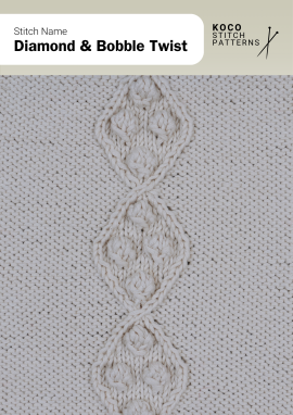 The Diamond & Bobble Twist stitch combines raised bobbles with interlocking diamond cables for rich detail Close-up of the Diamond & Bobble Twist stitch in cream yarn, showing vertical diamond cable motifs filled with small raised bobbles