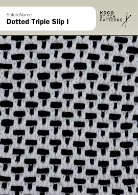 The Dotted Triple Slip I pattern forms dotted rows using slipped stitches and contrasting colors Close-up of the Dotted Triple Slip I stitch in black and white yarn, showing dotted horizontal rows with a textured grid-like effect