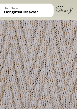 The Elongated Chevron stitch forms stretched diagonal lines for a sleek, modern chevron effect Close-up of the Elongated Chevron stitch in cream yarn, showing elongated diagonal ridges forming a repeating chevron pattern