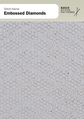 The Embossed Diamonds stitch creates subtle raised diamond shapes on a smooth surface Close-up of the Embossed Diamonds stitch in cream yarn, showing softly raised diamond shapes on a flat knit background