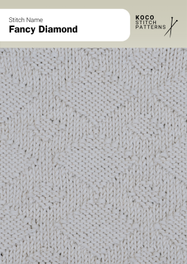 The Fancy Diamond stitch features elegant raised diamond motifs on a smooth base Close-up of the Fancy Diamond stitch in cream yarn, showing raised diamond shapes forming a subtle geometric pattern