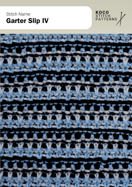 Layered slip-stitch rows create textured colour bands with a soft, woven look Handknit multi-colour garter slip pattern with alternating light and blue slipped stitches on dark stripes