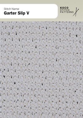 The Garter Slip V stitch forms a soft, textured fabric with a subtle horizontal flow Close-up of the Garter Slip V stitch in cream yarn, showing a textured fabric with horizontal ridges and small slip-stitch details
