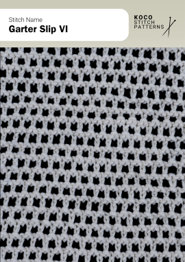 The Garter Slip VI pattern creates a textured mesh look with alternating slipped stitches Close-up of the Garter Slip VI stitch in black and white yarn, showing a fine grid texture with small square openings
