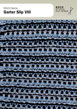 Open slip-stitch rows worked in layered colours, creating airy horizontal texture with subtle depth Handknit multi-colour garter slip pattern with light and blue open slipped stitches over dark rows