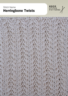 Interlocking twists form a bold herringbone texture with strong visual movement Close up of the Herringbone Twists handknit stitch pattern in white yarn, showing repeating diagonal cable-like stitches in a textured herringbone design