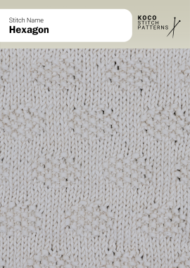 The Hexagon stitch forms a repeating honeycomb-like texture across the fabric Close-up of the Hexagon stitch in cream yarn, showing small raised hexagonal shapes on a smooth knit background