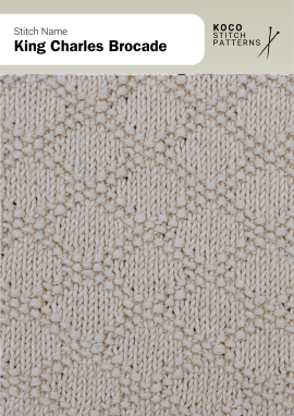 The King Charles Brocade stitch displays an elegant diamond texture with subtle depth Close-up of the King Charles Brocade stitch in cream yarn, showing repeating diamond shapes with a textured knit surface