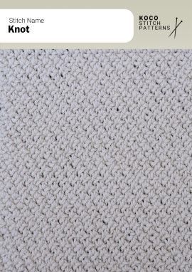 Small interlocking knot-like stitches create a dense, tactile texture with a timeless handknit character Close up of the Knot handknit stitch pattern in white yarn, showing a dense allover texture of small interlocking knot-like stitches