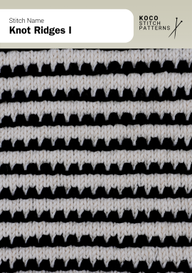 The Knot Ridges I pattern features horizontal ridges formed by alternating color rows Close-up of the Knot Ridges I stitch in black and white yarn, showing raised horizontal ridges with a repeating striped texture