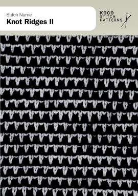 The Knot Ridges II pattern displays bold textured ridges with strong color contrast Close-up of the Knot Ridges II stitch in black and white yarn, showing textured horizontal ridges with a repeating knot-like pattern