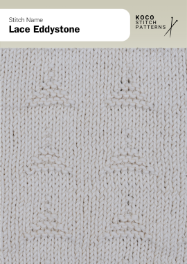 The Lace Eddystone stitch creates a subtle arrangement of triangular lace motifs Close-up of the Lace Eddystone stitch in cream yarn, showing small triangular lace motifs arranged in neat rows on a smooth background