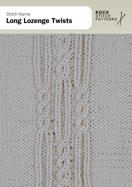 The Long Lozenge Twists stitch forms elongated diamond-shaped cables for a sleek, textured look Close-up of the Long Lozenge Twists stitch in cream yarn, showing elongated diamond-shaped cable motifs framed by ribbed edges