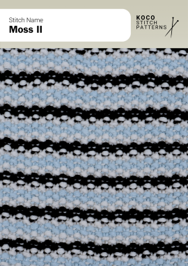 The Moss II pattern features alternating color rows that enhance its textured surface Close-up of the Moss II stitch in black, white, and light blue yarn, showing small textured bumps and repeating horizontal color bands