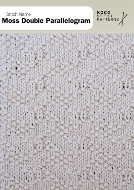 Moss stitch texture and offset parallelogram motifs create a striking geometric handknit surface Close up of the Moss Double Parallelogram handknit stitch pattern in white yarn, featuring raised moss-stitch texture and repeating angled parallelogram motifs