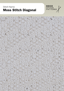 The Moss Stitch Diagonal forms gentle diagonal lines across a textured surface Close-up of the Moss Stitch Diagonal in cream yarn, showing small textured bumps arranged in soft diagonal lines