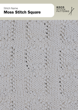 The Moss Stitch Square pattern features textured squares framed in smooth knitting Close-up of the Moss Stitch Square in cream yarn, showing raised moss stitch squares bordered by smooth stockinette sections