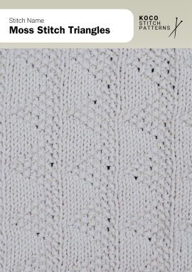 The Moss Stitch Triangles pattern forms soft geometric shapes with textured contrast Close-up of the Moss Stitch Triangles in cream yarn, showing alternating textured and smooth triangles arranged in vertical alignment
