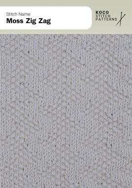 The Moss Zig Zag pattern combines texture and movement in a subtle diagonal design Close-up of the Moss Zig Zag in cream yarn, showing textured zigzag lines formed by moss stitch against a smooth background