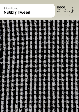 The Nubbly Tweed I pattern shows fine vertical texture with a classic two-tone effect Close-up of the Nubbly Tweed I stitch in black and white yarn, showing fine vertical ridges and small raised dots across the surface