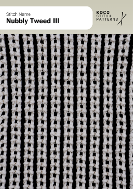 The Nubbly Tweed III pattern forms crisp vertical columns with open textured details Close-up of the Nubbly Tweed III stitch in black and white yarn, showing vertical ridges with small open squares between each column