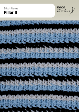 A textured two-colour pillar pattern that builds bold horizontal bands with raised detail Handknit two-colour pillar pattern with alternating light and blue raised columns over dark rows