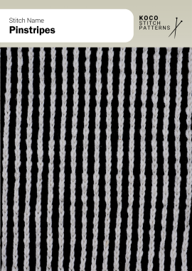 The Pinstripes pattern features sleek vertical lines in bold two-tone contrast Close-up of the Pinstripes pattern in black and white yarn, showing evenly spaced vertical lines running the length of the fabric