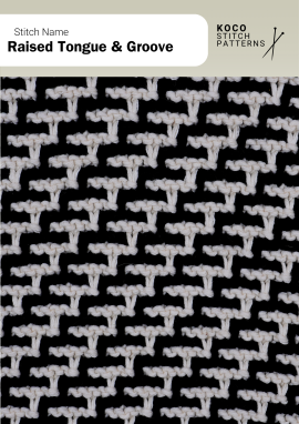 The Raised Tongue & Groove pattern displays textured horizontal ridges over a dark base Close-up of the Raised Tongue & Groove stitch in black and white yarn, showing short raised white ridges arranged in offset horizontal rows