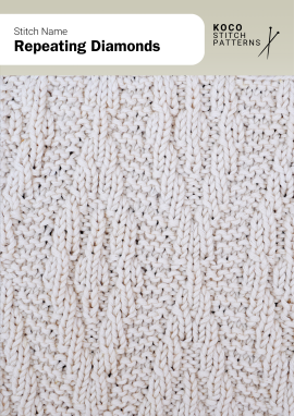 Softly raised diamond shapes create a balanced geometric texture with a classic handknit feel Close up of the Repeating Diamonds handknit stitch pattern in white yarn, showing a subtle repeating diamond texture made with knit and purl stitches