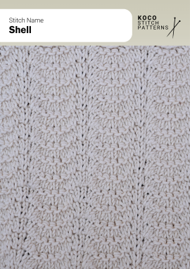 Rounded shell-like ridges create a soft, decorative texture with a classic handknit finish Close up of the Shell handknit stitch pattern in white yarn, featuring repeating rounded textured rows with a soft scalloped appearance