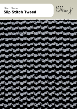 The Slip Stitch Tweed pattern features a dense, two-tone texture with small staggered ridges Close-up of the Slip Stitch Tweed pattern in black and gray yarn, showing small staggered ridges and a tight woven texture