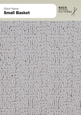 The Small Basket pattern features a tight, woven texture that mimics a miniature basket weave Close-up of the Small Basket stitch in cream yarn, showing a compact woven texture with small rectangular segments