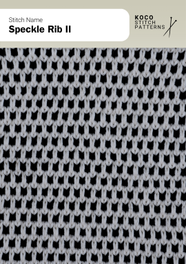 The Speckle Rib II pattern shows neat vertical ribs with small contrasting speckles Close-up of the Speckle Rib II pattern in black and white yarn, showing vertical ribs with small light speckles throughout