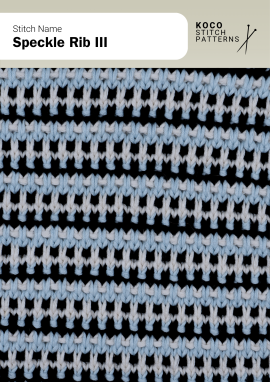 The Speckle Rib III pattern displays striped ribs with alternating light and dark tones Close-up of the Speckle Rib III pattern in black, white, and blue yarn, showing vertical ribs with alternating colored stripes