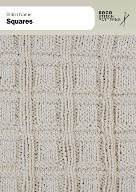 The Squares pattern creates a grid of raised and recessed blocks for a clean, geometric look Close-up of the Squares stitch in cream yarn, showing an even grid of small square textures across the fabric