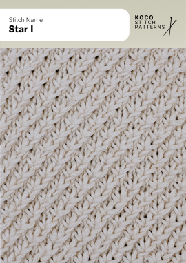 The Star I pattern forms a diagonal rib with delicate star-like textures Close-up of the Star I stitch in cream yarn, showing diagonal ribs with small star-shaped textures throughout