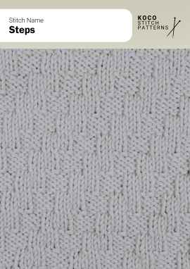 The Steps pattern creates a staggered block texture resembling small steps across the fabric Close-up of the Steps stitch in cream yarn, showing offset rectangular sections that form a step-like pattern