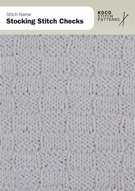 The Stocking Stitch Checks pattern forms a neat grid of alternating smooth and textured squares Close-up of the Stocking Stitch Checks pattern in cream yarn, showing alternating knit and purl squares forming a checkered grid