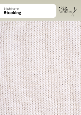 A smooth and timeless stocking stitch that delivers a clean, even texture — ideal for sweaters, scarves, and everyday knitwear Handknit stocking stitch showing neat, even rows of V-shaped knit stitches in a smooth stockinette texture