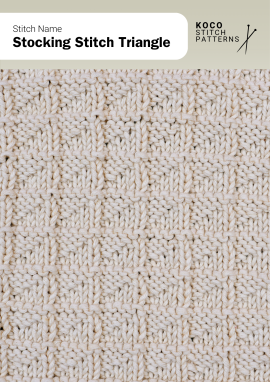 The Stocking Stitch Triangle pattern displays soft triangular motifs arranged in vertical symmetry Close-up of the Stocking Stitch Triangle pattern in cream yarn, showing rows of small, raised triangles in a structured layout