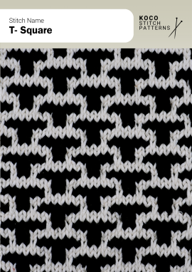 The T-Square pattern features bold interlocking shapes that form a geometric grid Close-up of the T-Square pattern in black and white yarn, showing interlocking T-shaped motifs in a geometric grid layout