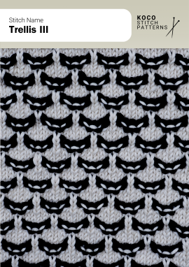 A bold two-colour trellis pattern with repeating curved motifs that create strong geometric rhythm Handknit two-colour trellis pattern with dark curved motifs over a light background